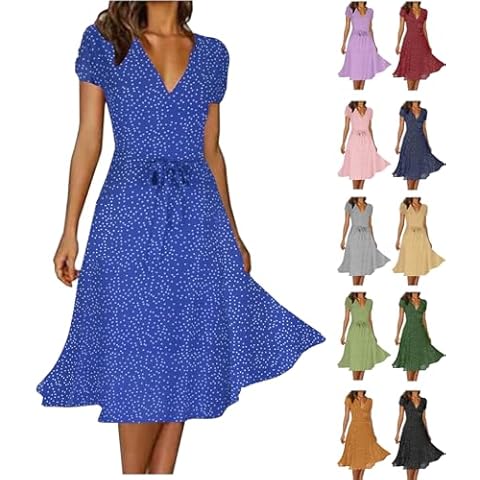 Womens Summer Wrap V-Neck Tie Waist Dress Bandage Boho Print Casual Short Sleeve Maxi Dress Vacation Midi Dress Cover