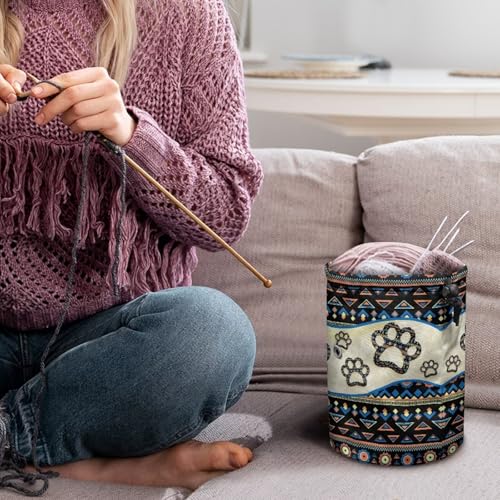 Image of Sellikakes Yarn Bag, Aztec Dog Paw Knitting Crochet Bag Yarn Storage Bag, Portable Yarn Holder for Crocheting Project Knitting Needles Sewing Accessories