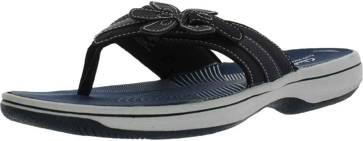 Clarks Women's Brinkley Flora H Faux Leather Slip On Thong Sandals Navy size 9
