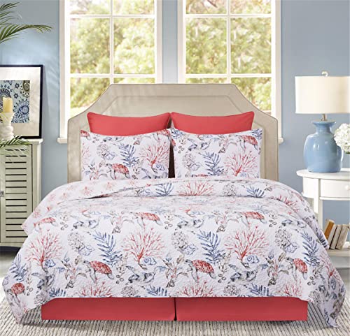 C&F Home Tranquil Tides 3-Piece Full/Queen Quilt Set With 2 Standard Shams Coastal Sea Turtle Ocean Beach Seaweed Coral Blue Red Salmon White Reversible Pink Coral Pattern Quilted Full/Queen 3 Piece - Image 4