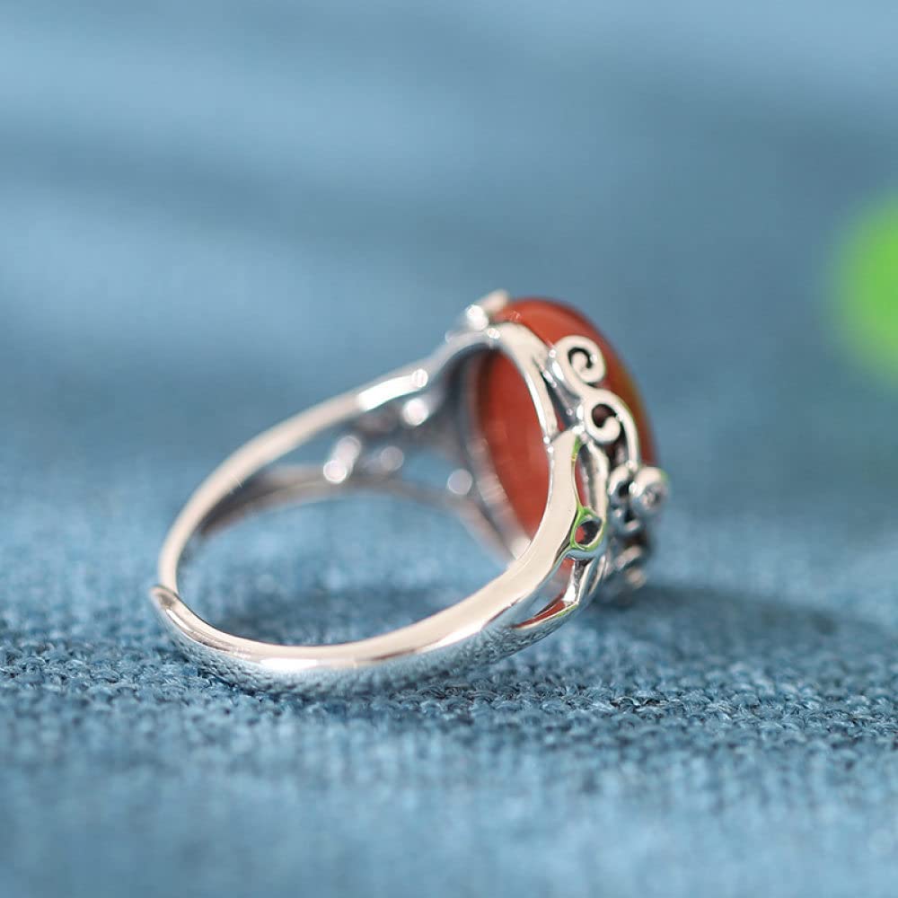 Verstellbarer Ring, Verstellbarer Ring Für Damen Blume Seitlicher Ausschnitt 925Er Sterling Silber Ring Natürlich Micropaved Oval Roter Achat Retro-Edelstein Energie Charm Hochzeitsschmuck Geschen