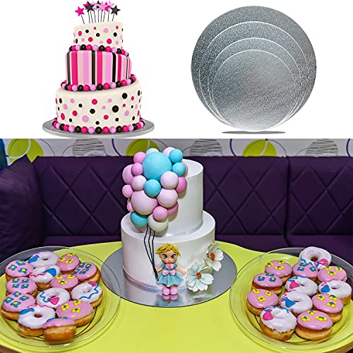 4 Pack Silver Cake Boards Round Circles 6, 8, 10, 12 Inch Base Cardboard, 1 of Each Size Set for Baking, Wedding Birthday, Dessert, Pizza Decorating and Exhibition