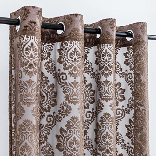 Decoridea Grommet Damask Velvet Semi Sheer Window Curtain Panel - Classy Elegant Textured Vintage Curtain For Living Room Bedroom Curtain Panel Drapes, 2 Panels (Damask Mocha, W52 X H108 Inches) #TOP3