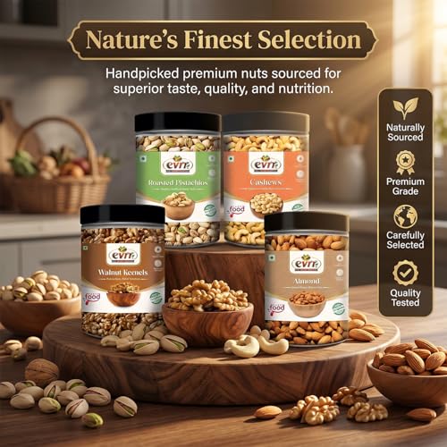 Image of EVRR Dry Fruits Combo 1kg (4 x 250g) | California Almonds, Cashews, Roasted Pistachios, Walnut Kernels | Premium Protein-Rich Mixed Nuts | Crunchy Fresh Healthy Snacks for Fitness, Weight Loss, Gifting, Festive Hampers, Kids, Adults | Non-GMO Vegan (1 kg)