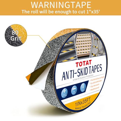Image of Black & Yellow Anti-Slip Stair Treads Tape, 1 inch x35FT Heavy Duty Non-Skid Grip Tape for Indoor /Outdoor Steps, Bathroom & Pool - PVC Waterproof Safety Traction Tape