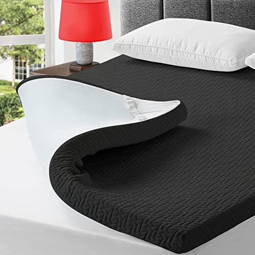 bedluxury Cubrecolchón de espuma viscoelástica de gel de 3 pulgadas, funda de colchón de espuma suave de alta densidad para alivio de presión, cubrecolchón de cama con funda transpirable extraíble,