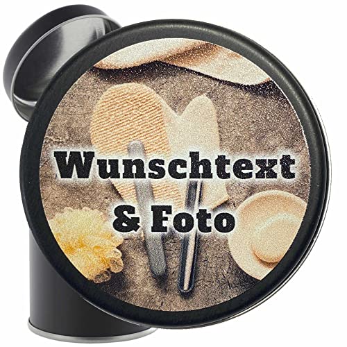 Indigos UG - Spice Jars 175 ml - Pack of 10 - Printed 90 x 56 mm with Desired Text - Photo - Brand - Logo - Round - Black Tin for Spices, Refill Box, Gift Packaging Personalised