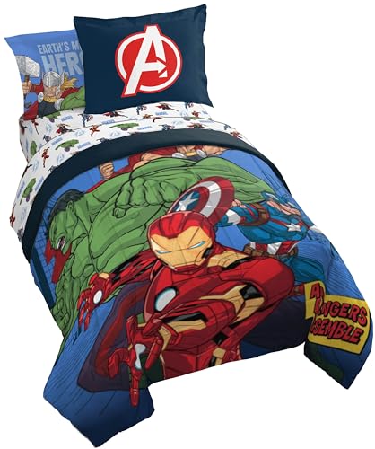 Image of Jay Franco Kids Bed Set, Blue, Avengers, 5 Piece Twin | Cozy Soft Bedding for Stylish Room Decor with Comforter, Sheets & Pillow Covers