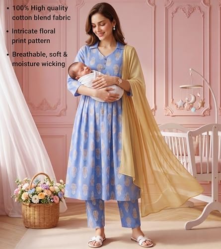 Image of DUMMY SHAPE Maternity Dresses for Women Cotton Rayon | Floral Kurta Pant Dupatta Set with Nursing Zippers to Pre & Post Partum | Feeding Kurtis | Mom to Be Gifts for Pregnant Woman