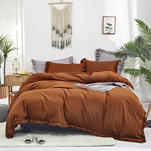 Cottonight Pumpkin Ruffle Comforter Set Queen Shabby Farmhouse Bedding Comforter Set Full Rust Terracotta Cotton Blanket Quilt Rust Reddish Brown Comforter Set for Women Men Adult Kids