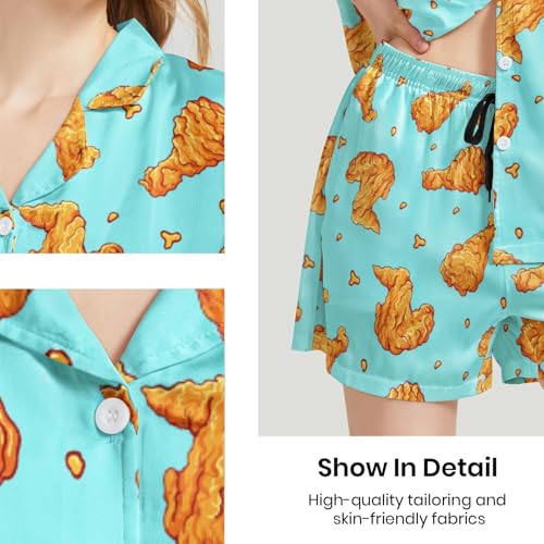 Image of Funny Satin Pajamas Set for Women Button Down Sleepwear Print Pjs Set 2 Piece Short Sleeve Loungewear Gift for Women