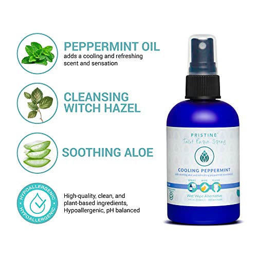 Image of PRISTINE Sprays Toilet Paper Spray, Flushable Wet Wipe Alternative, Cooling Peppermint Scent, 4 oz, 1 oz Travel Size, 32 oz Refill, pH Balanced, Biodegradable
