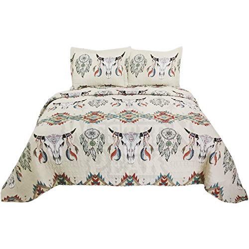 Western Peak Bull Skull Native Tribal Feather Artisan Southwestern Boho Design Quilt Bedding Set with Pillows (3 Piece Pattern Set, King)