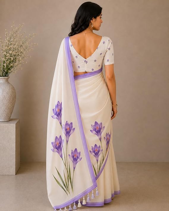 Image of Lilan Cotton Saree with White Daisy Floral Prints Tassel Pallu Lightweight Summer Saree