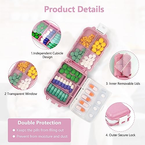 ACWOO pillendoos organizer, 3-laags draagbare medicijndoos met 8 vakken, pillendoosje pillendispenser voor vitamines, levertraan, supplementen en medicijnen voor reizen en werk (roze) - Afbeelding 4