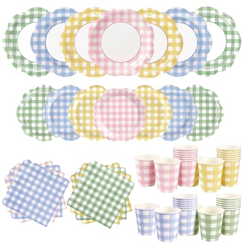 200Pcs Gingham Plates and Napkins Party Supplies in 4 Colors for 24 Guests
