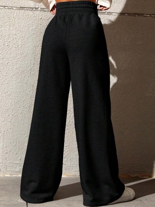 Image of Women's Wide Leg Casual Pants, High Waist Cotton Blend, Drawstring, Light Colour, Relaxed Fit