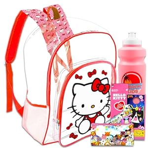 Hello Kitty Clear Backpack – Bundle with Hello Kitty Backpack for Girls 16 Inch Plus Water Bottle, Stickers, More | Transparent Hello Kitty Backpack for Kids School Supplies