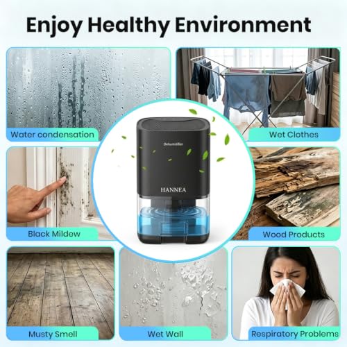 Image of HANNEA1000ml Home Dehumidifier, Compact Moisture Absorber with Auto Shut-Off, Color Ambient Night Light & Quiet Operation, Small Room Dehumidifier for Bedroom, Closet, Office, 15x13x25cm