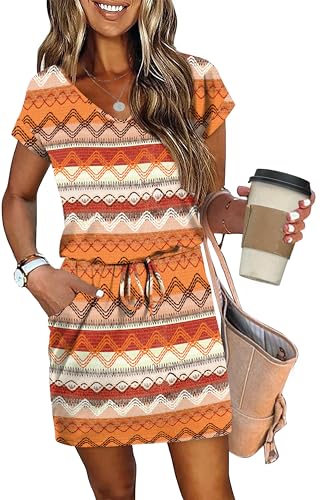 Image of OFEEFAN Summer Dresses for Women 2026 V Neck T Shirt Casual Mini Dresses Tie Waist Sundresses with Pockets