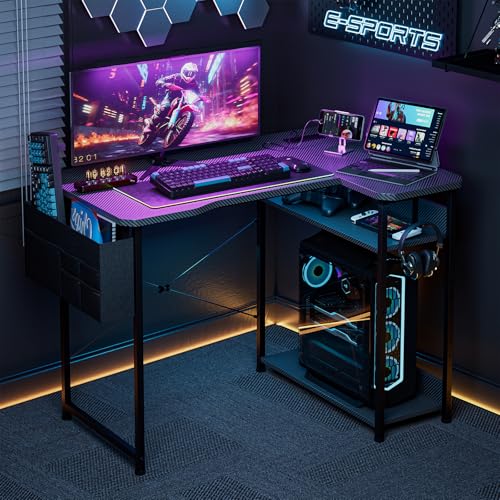 Image of Acrolix L Shaped Gaming Desk 40 Inch - Computer Corner Desk with Power Outlets, Reversible Shelves & Storage Bag for Home Office, PC Gaming Table, Black Carbon