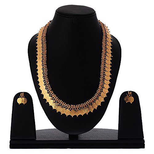 Image of ZENEME Jewellery Set Gold Plated Long Traditional Maharani Beads Studded Temple Coin Necklace Set with Earrings Jewellery For Women & Girls