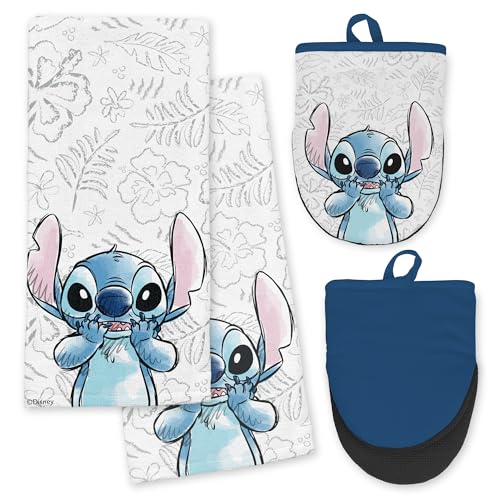 Disney Kitchen Towels & Oven Mitts Set 4 Piece Bundle with 2 Cotton Dish Towels/Hand Towels & 2 Heat Resistant Mini Oven Mitts (Pot Holders) Mickey Stitch & Pooh (Stitch)