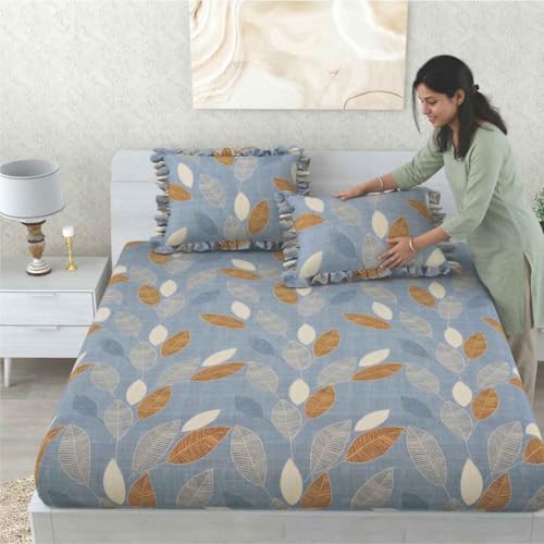 Image of Dream Weaverz- Polycotton Printed Double Bed Size Fitted Elastic Bedsheet,2 Pillow Cover,260 Thread (72 inch x 78 inchx7 inch) Home, Bedroom (Blue-2, King)