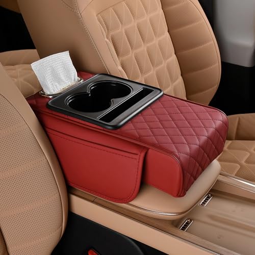 Image of FREESOO Car Center Console Cover, Leather Armrest Cover for Car, Universal Middle Console Cushion With Storage Box, Cup Holder, Tissue Box, Phone Slot, Luxury Waterproof Interior Accessories, Wine Red