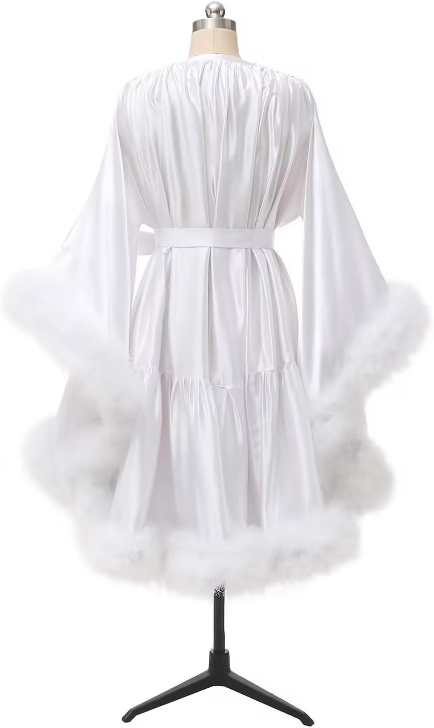 Women's Feather Fur Robe Silk Satin Bridal Dressing Gown Short Lingerie Nightgown Bathrobe Sleepwear Maternity Robe