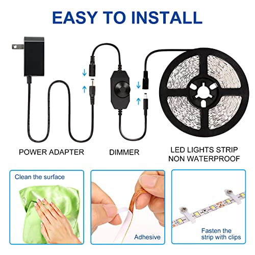 Kopmhye 5M Dimmable Led Strip Lights Kits, 12V Tape Light, 300 2835 Led, 16.4Ft 6000K Daylight White Ribbon With Power Adapter, Light Strips For Under Bed, Vanity Mirror, Cabinet, Non-Waterproof #TOP6