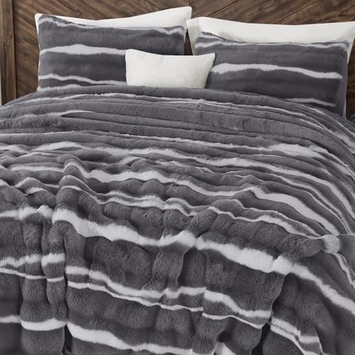 Image of Wonderful 3 Pieces Fluffy Faux Rabbit Fur Comforter Set Queen Size, Dark Gray Plush Fuzzy Bedding Set, Animal Stripes Design Warm Soft Comforter Bedding Set for All Season,90 inchx94 inch