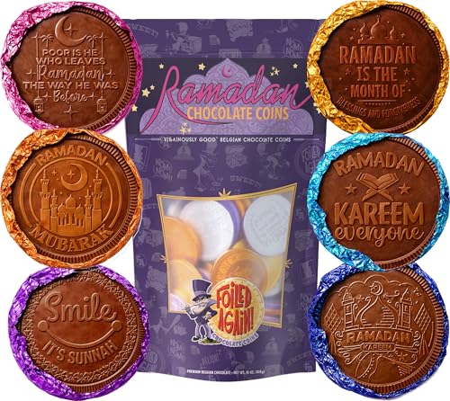 Ramadan Chocolate Coins – Premium Belgian Milk Chocolate – Multi-Color Foil with Traditional Ramadan Phrases – Eid Gifts & Treat Bags