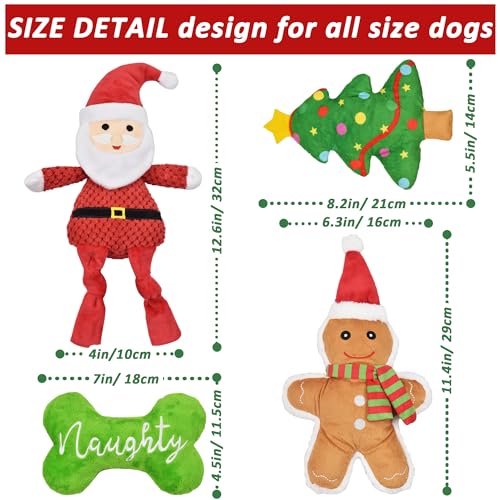 LECHONG Weihnachten Hundespielzeug, 4 Stück Quietsche Spielzeug für Hunde, Gefülltes Kauspielzeug für Zahnen, Bundle für Welpen, Kleine, Mittlere und Große Hunde