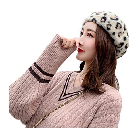 Douoiussluka Women French Style Plush Beret Cap Vintage Leopard Print Warm Painter Beanie Hat Cover