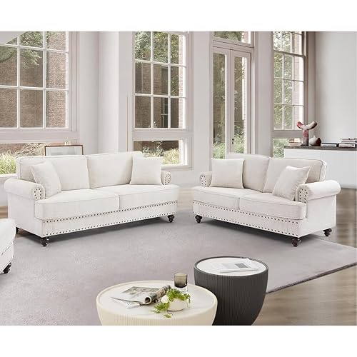 FANYE 2 Pieces Classic Sofa Sets Copper Nail Decor Chenille Upholstered Tufted Sectional Sofa&Couch Include 3-Seaters Couch and Loveseat W/Soild Wood Legs