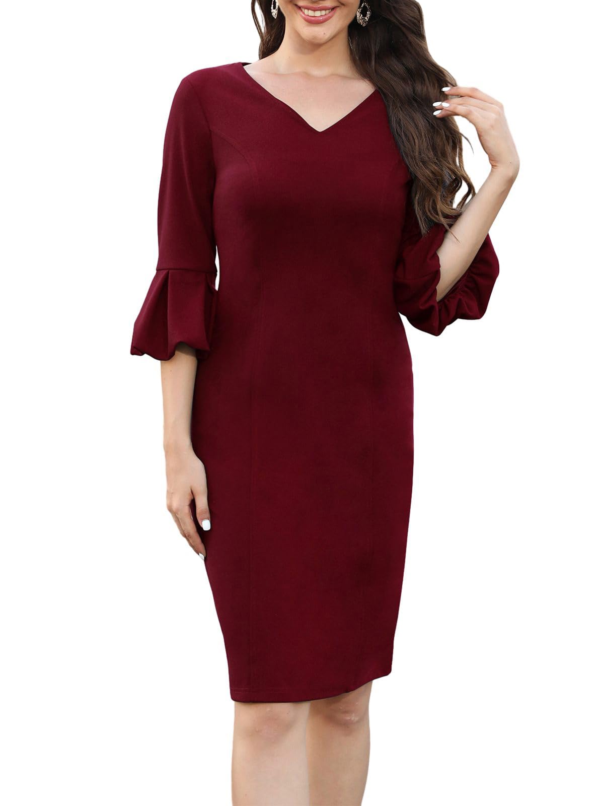 Womens Elegant Vintage Puff Half Sleeve 50s V-Neck Casual Work Dress Bodycon Pencil Cocktail Dresses 753