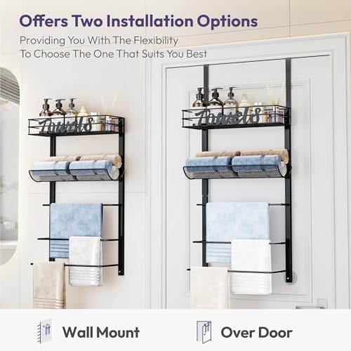 SWTYMIKI Over Door Towel Rack - 5-Tier Wall Mounted Towel Holder Storage Organizer with Metal Shelf for Bathroom, Black