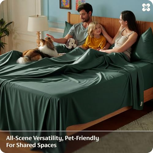 Image of Bedsure Queen Sheet Set, Rayon Derived from Bamboo, Cooling Sheets, PureWoven, Breathable & Soft, Deep Pocket Up to 16 Inches, Hotel Luxury Silky Bedding for Hot Sleepers, Forest Green