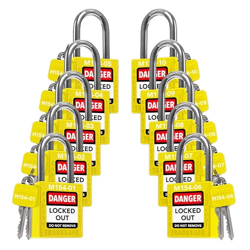 Image of TRADESAFE Lockout Tagout Locks Set with Master Keys - 10 Yellow Loto Locks Keyed Different, OSHA Compliant Lock Out Tag Out Padlocks for Lockout Tagout Kit, 2 Keys Per Lock