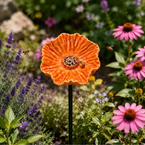 Ceramic Bee Watering Station for Garden, Handmade Flower Water Feeder for Bees Butterflies & Hummingbirds, Decorative Outdoor Pollinator Water Dish Stake for Patio Lawn Balcony Pots (Lotus-Orange)