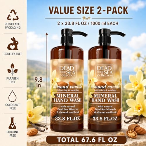 Image of Dead Sea Collection Hand Soap Pump Almond Vanilla - Moisturizing Hand Wash Liquid with Dead Sea Minerals - Almond Vanilla Oils, Balancing & Soothing Pack of 2 (33.8 Fl Oz Each) - 67.6 Fl Oz Total