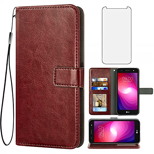 Asuwish Compatible with LG X Charge/Fiesta 2 LTE/X Power 2/X5/LV7 Wallet Case with Tempered Glass Screen Protector Leather Flip Card Holder Stand Cell Phone Cases for LG-M322 XPower 3 SP320 M327 Brown