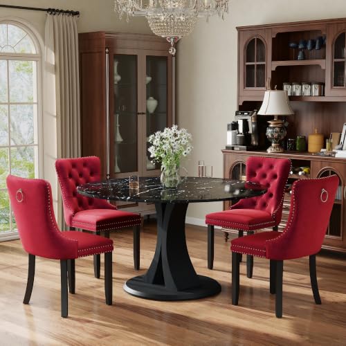 Image of 5-Piece Dining Table Set for 4 with 47 In Black Faux Marble Round Table