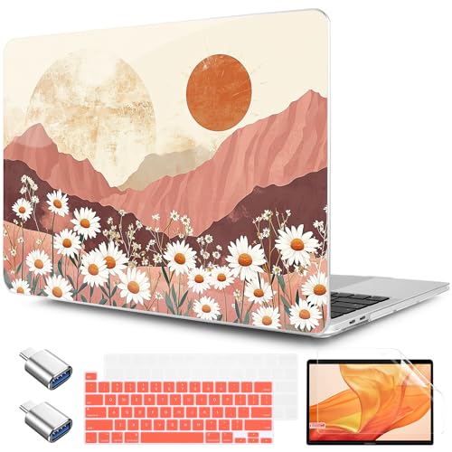 Carcasa MacBook Pro 13 de montañas y margaritas para estudiantes y creativos en cafeterías