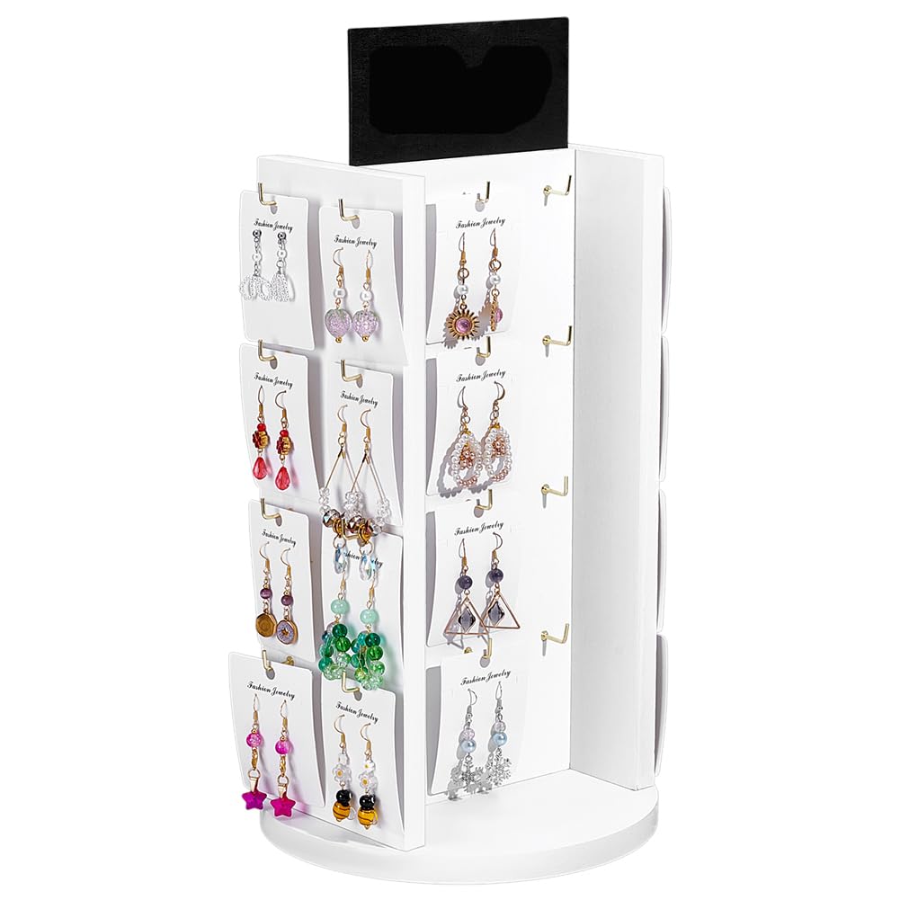 Photo 1 of PH PandaHall Wooden Rotating Earring Display Stand for Selling, Jewelry Display Tower White Earrings Rack with Adversitsing Board for Jewelry Store Vendors Booth, 41 Hooks, 8.6x17.8inch