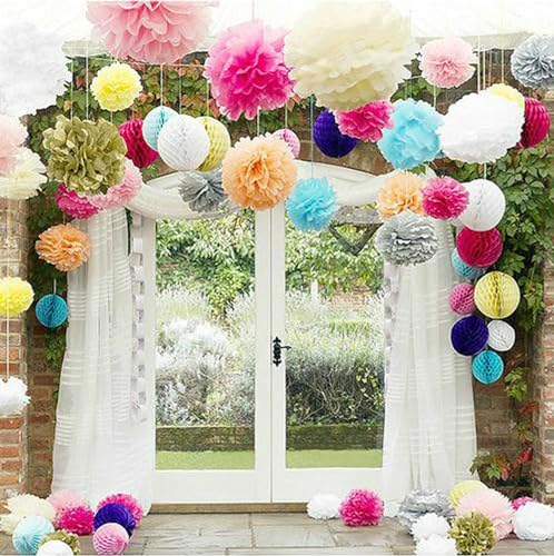 Image of 12pcs Black Paper Pom Poms Decorations for Party Ceiling Wall Hanging Tissue Flowers Decorations - 1 Color of 12 Inch, 10 Inch