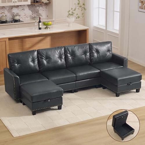Image of 105 inch Faux Leather Modular Sectional 4 Seater Couch with 2 Storage Ottomans, Vintage PU Leather U Shaped Sofa with Nailhead Trim, Mid Century Modern Tufted Couches for Living Room, Office, Black