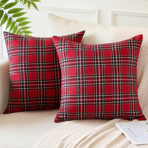 JOTOM Christmas Scottish Tartan Plaid Throw Pillow Covers Farmhouse Classic Decorative Square Cushion Covers 50 x 50cm Soft Pillowcases for Decor Sofa Couch 20x20 Inch Set of 2 (Red) - Image 2