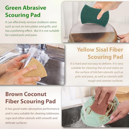 Image of 30-Pack 3 Material Scouring Pads - Heavy Duty, Sisal & Coconut Fiber, Eco-Friendly & Biodegradable, Durable Cleaning Pads for Tough Stains, Pots, Pans & Delicate Surfaces